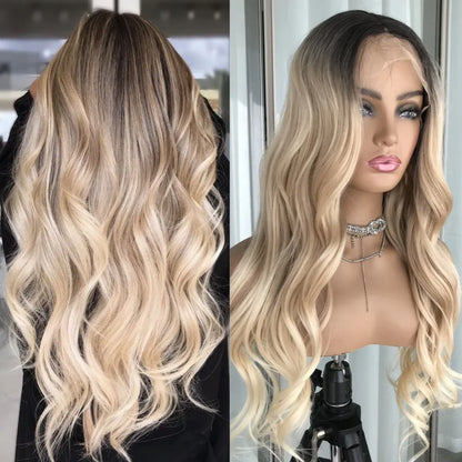 Body Wave Lace Front Wig Highlight Ash Blonde Lace Frontal Synthetic Wigs Pre Plucked Long Wavy Synthetic Lace Wig for Women