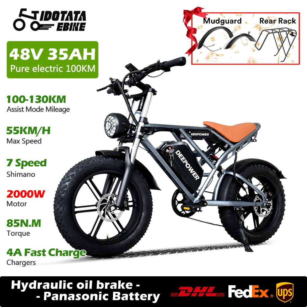 IDOTATA-S7 Electric Bike for Adults, Dual Battery, 48V, 70Ah, 20inch, 4.0 Fat Tires,Snow Mountain E-Bike, 2000W Electric Bicycle