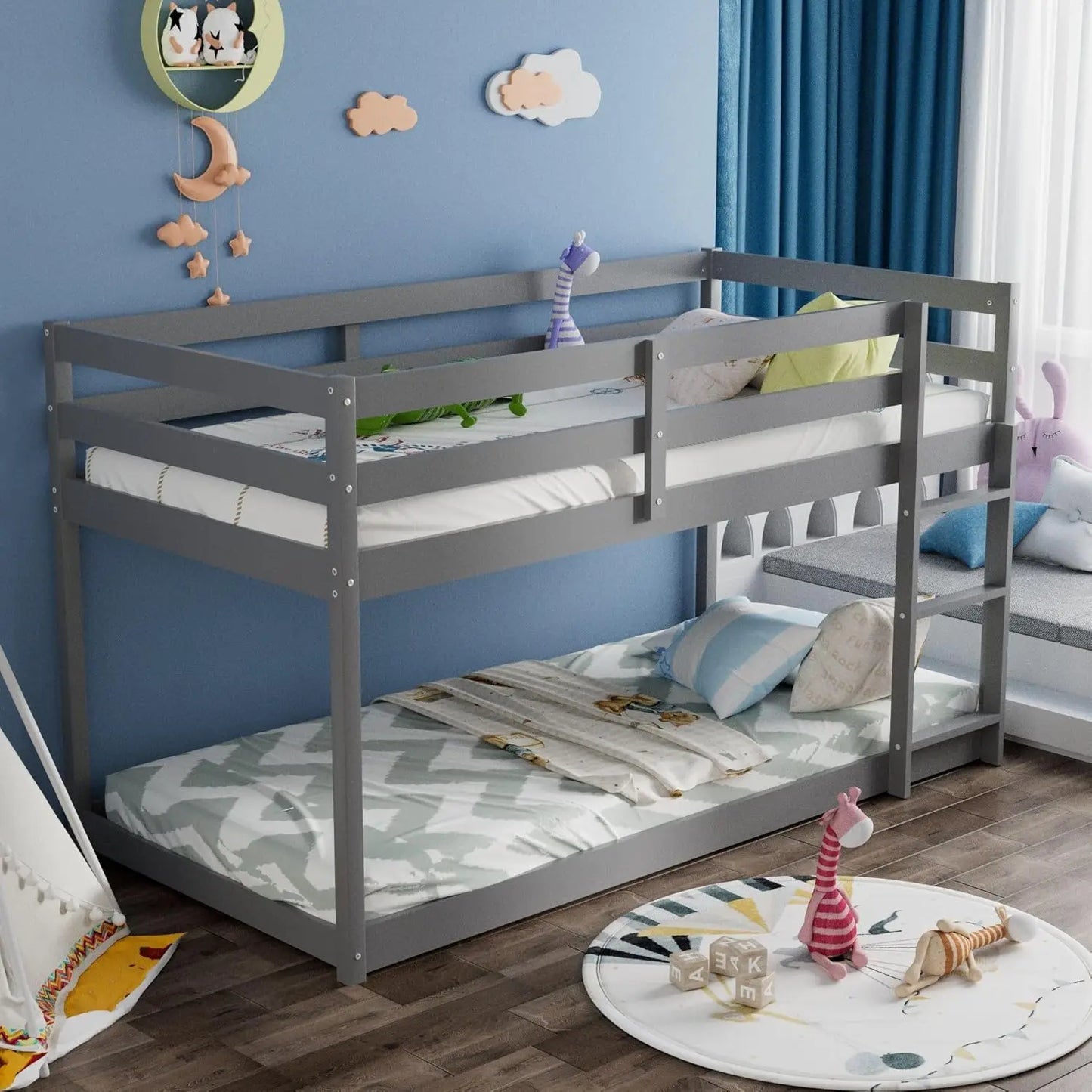 Twin Over Twin Bunk Bed, Low Floor Twin Bunk Beds Frame with Ladder & Full-Length Guardrail for Childs, 400LBS Capacity