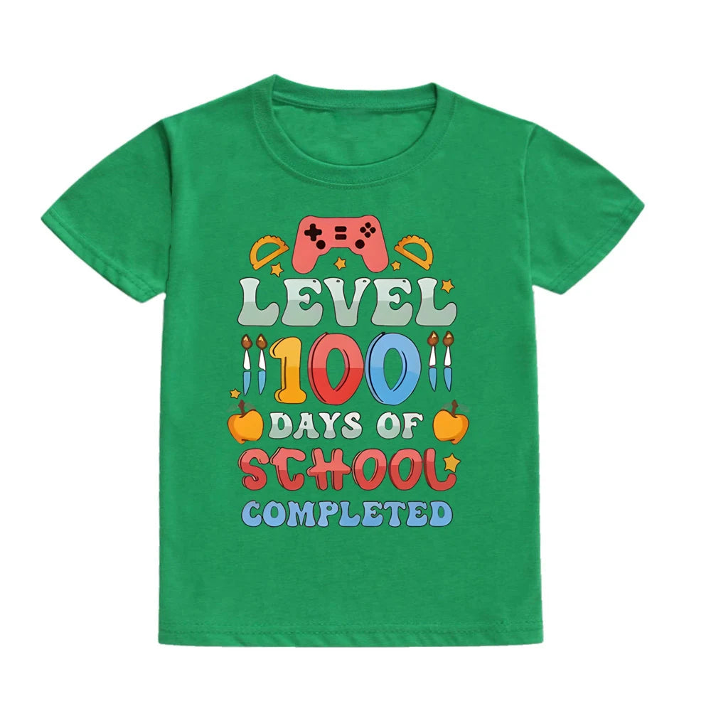 Level 100 Days of School Completed T-Shirt for Kids Short Sleeve Crew Neck Tee Tops Best Gift To Child Summer Clothes