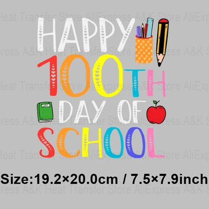 Happy 100 Days of School Heart Transfer Patches Iron On Clothing Kids Boy Rainbow DIY Washable Patches On Clothes Decals Decor