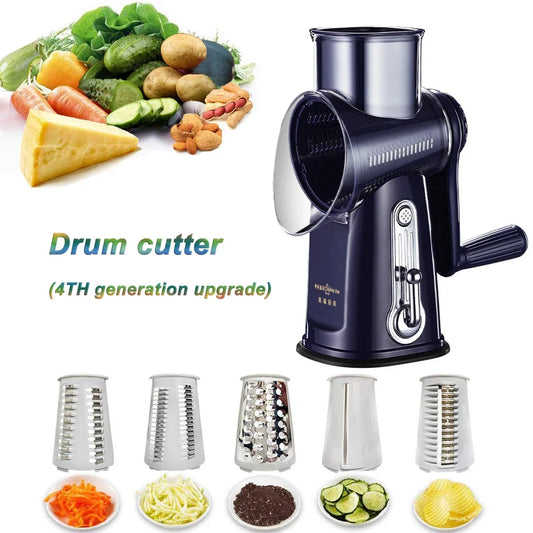 Rotary Cheese Grater Shredder Round Mandolin Slicer with Handle and 5 Drum Blades Kitchen Manual Vegetable Slicer Nuts Grinder