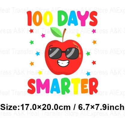 100 Days Of School Kids Thermo Stickers T-Shirt Diy Dinosaur Apple Owl Heat Transfer Boy Girls Iron On Heat Patch Decals