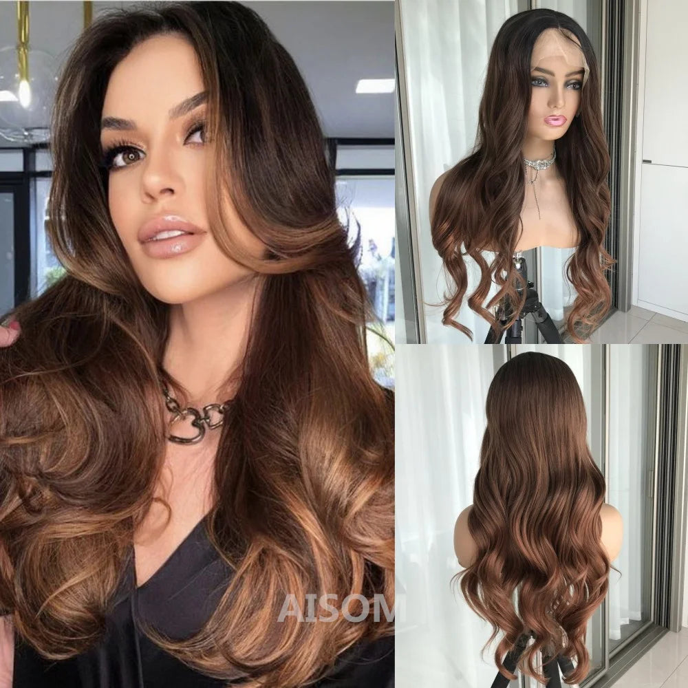 Body Wave Lace Front Wig Highlight Ash Blonde Lace Frontal Synthetic Wigs Pre Plucked Long Wavy Synthetic Lace Wig for Women